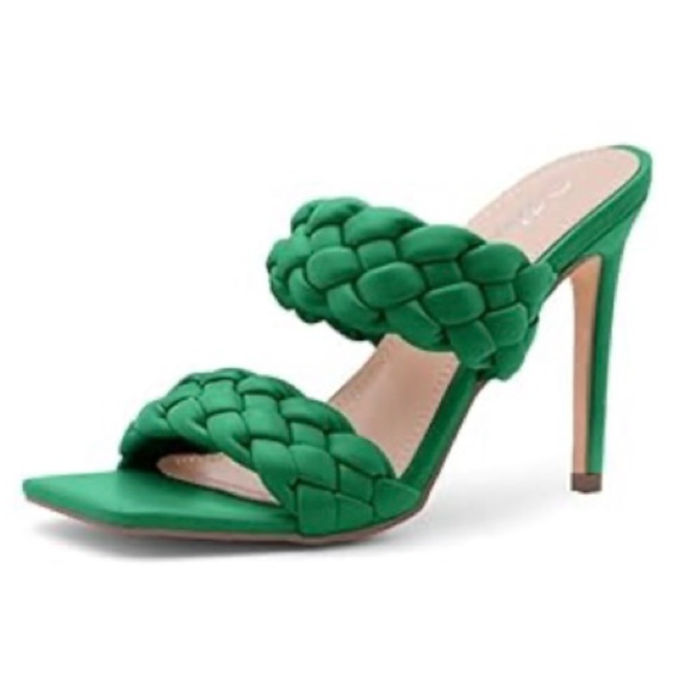Green Braided Double Strappy Sandals Stiletto Heel Square Open Toe Size: 8.5